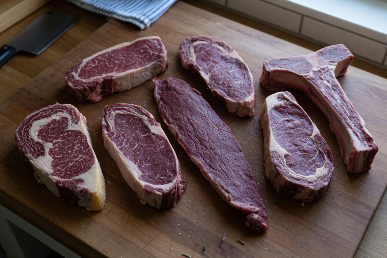 Stark marmoriertes Steak auf Holzbrett