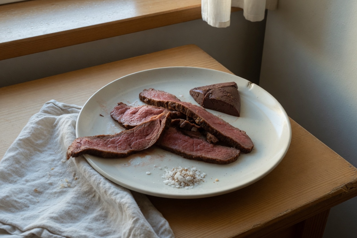 Einfacher carnivorer Teller mit Fleisch, Organstücken und Salz